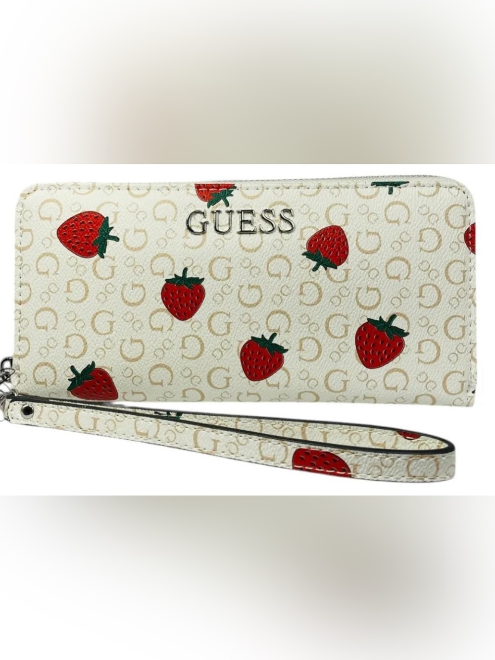 NWT Guess White Wallet with Red Strawberry Print